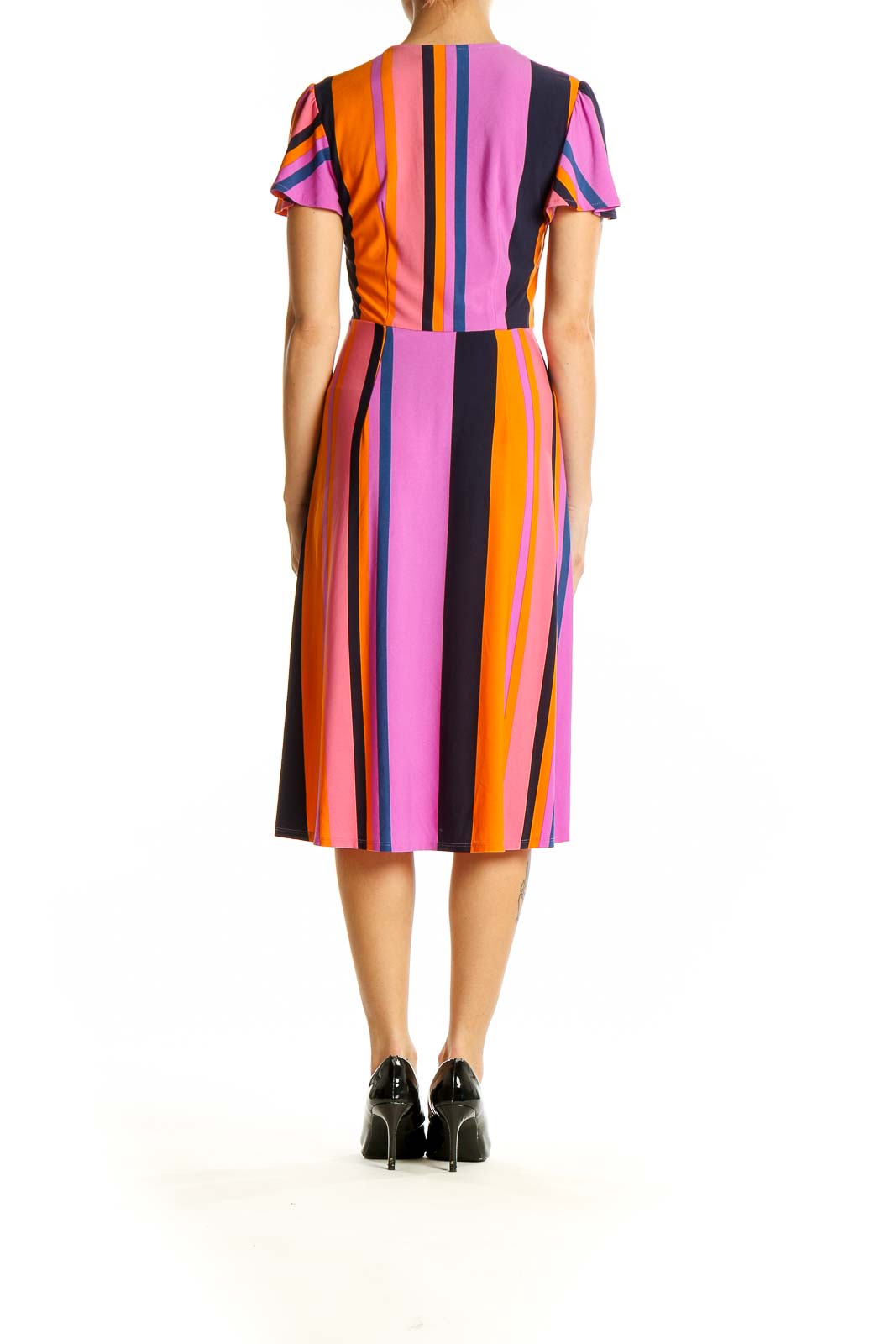 Side view of Donna Morgan Pink Striped Wrap Midi Dress showing colorful stripes