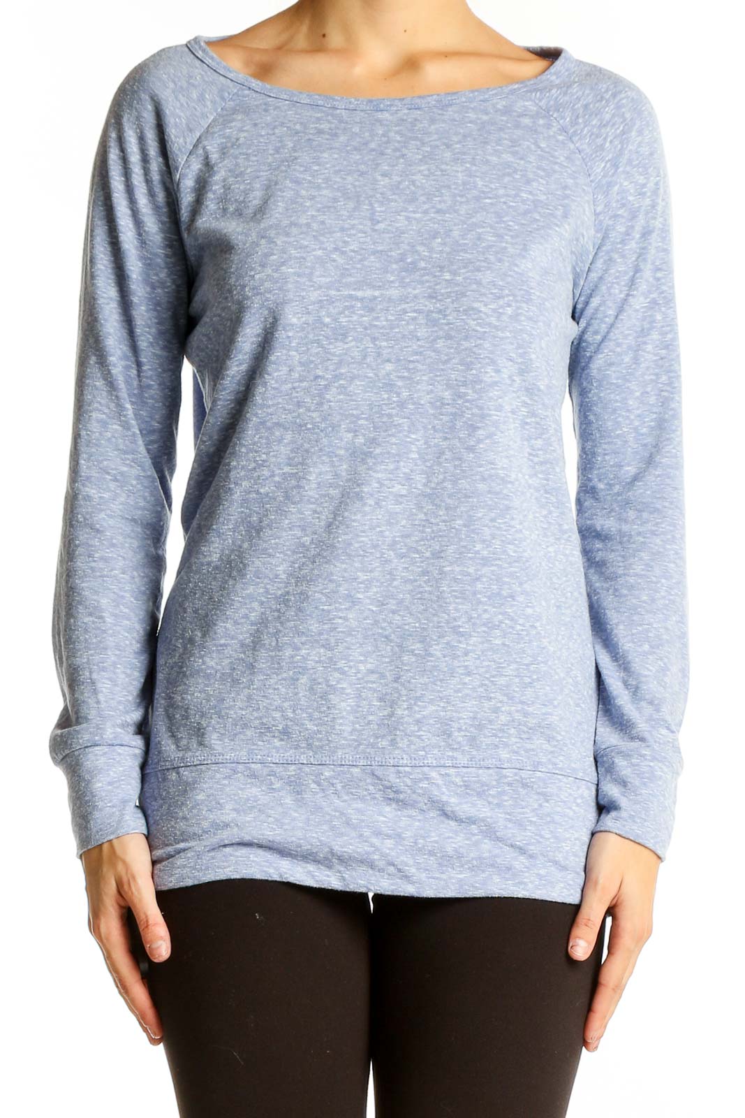 Front view of light blue Eddie Bauer long sleeve top on model