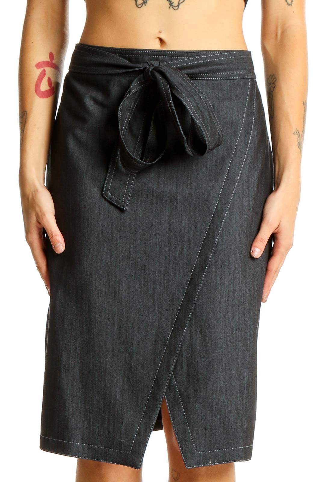 Front view of DKNY dark gray wrap-style pencil skirt with tie-waist