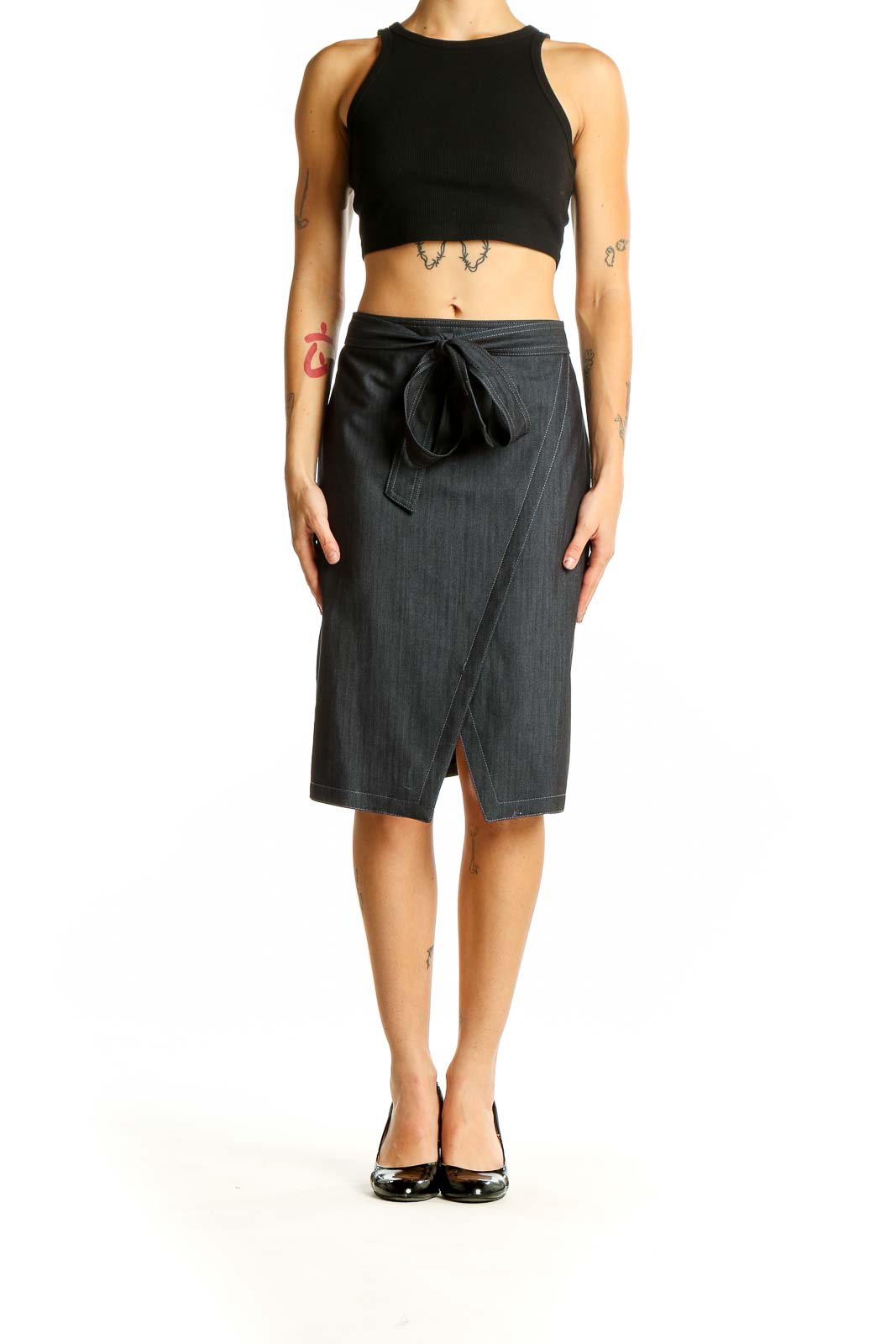 Front view of DKNY dark gray wrap-style pencil skirt with tie-waist