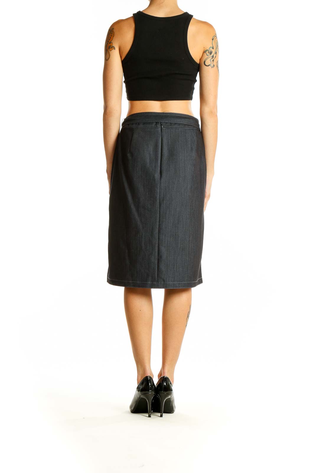 Side view of DKNY dark gray wrap-style pencil skirt showing asymmetrical slit