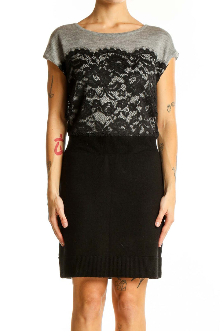 LOFT Gray and Black Lace Overlay Sweater Dress | Elegant & Versatile SilkRoll LOFT Gray and Black Lace Overlay Sweater Dress | Elegant & Versatile SilkRoll