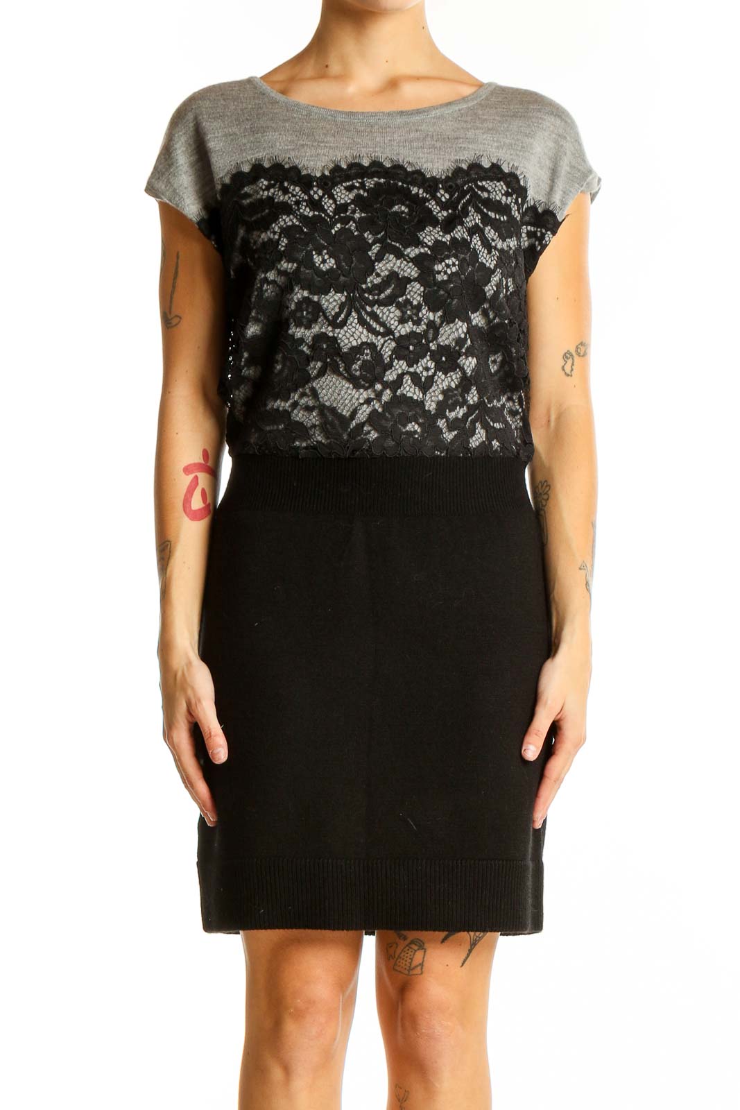 Front view of LOFT gray and black lace overlay sweater dress