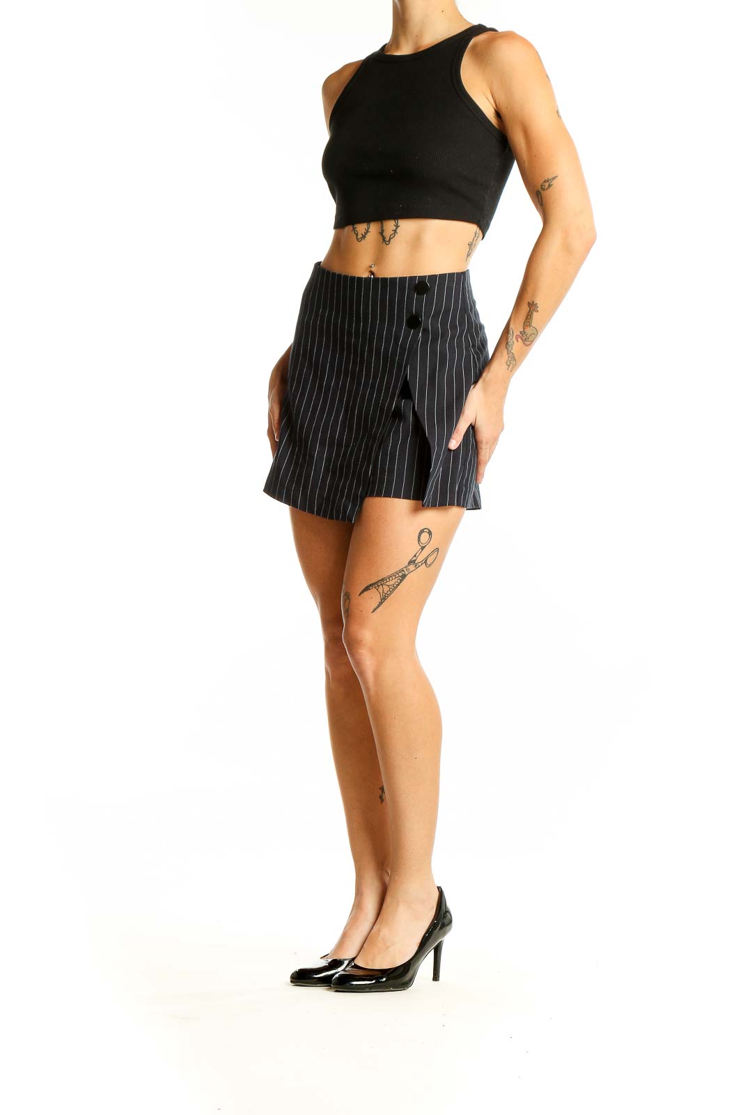 Front view of SilkRoll black pinstripe wrap mini skirt