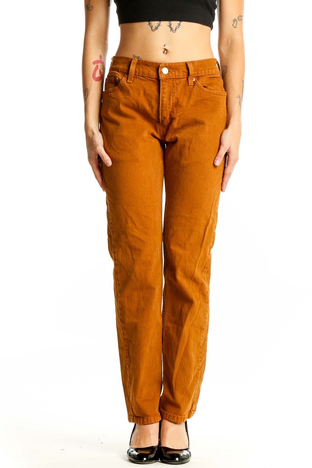 Front view of Levi's rust orange straight leg jeans on model