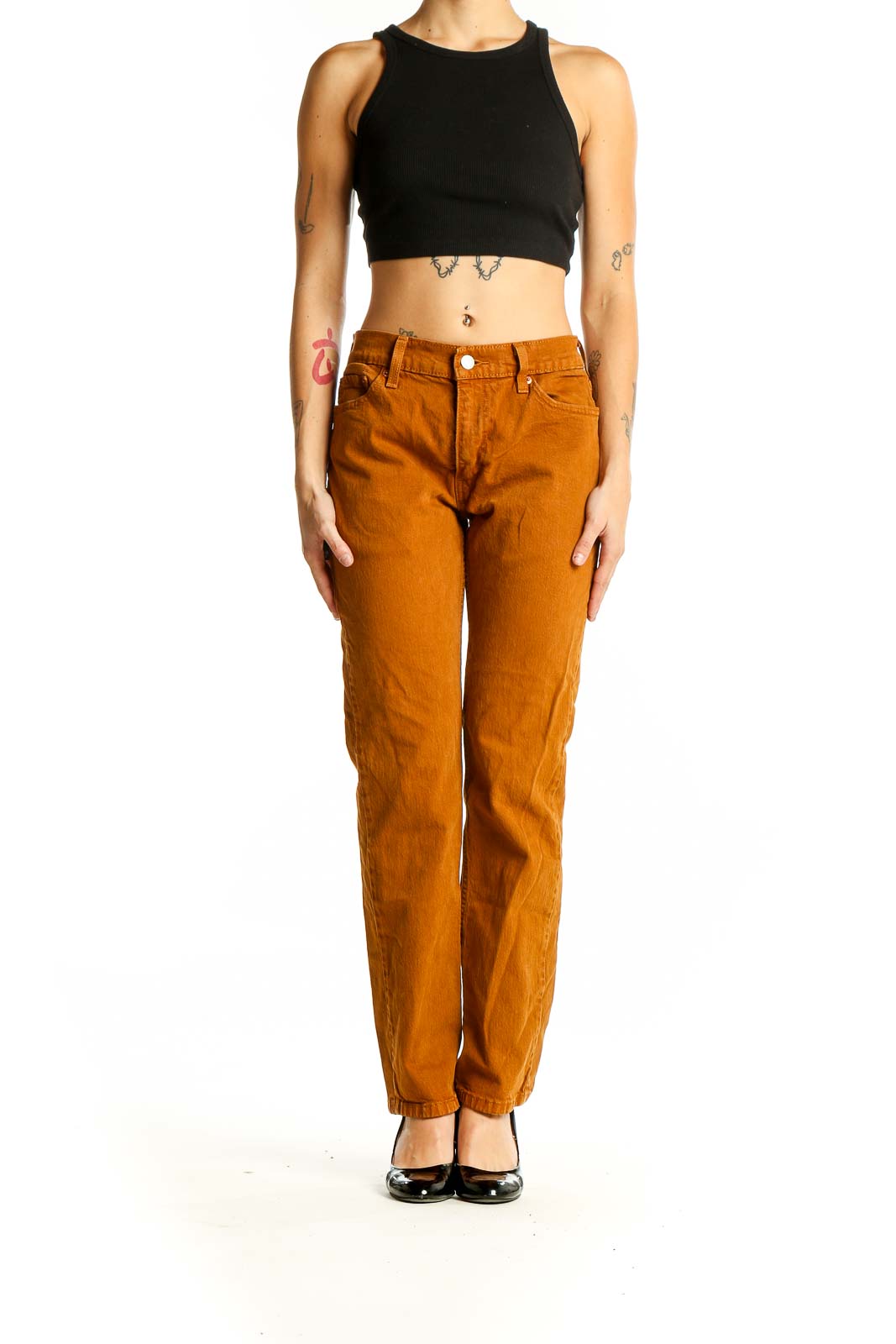 Front view of Levi's rust orange straight leg jeans on model