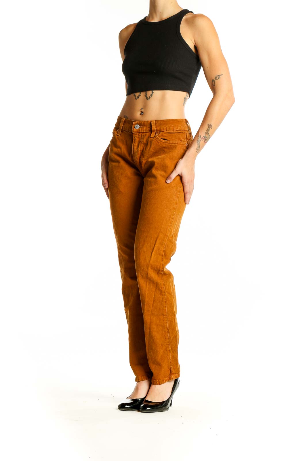 Front view of Levi's rust orange straight leg jeans on model