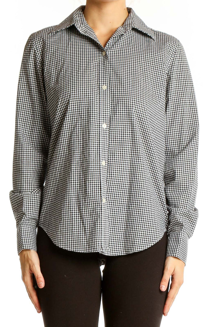 Front view of Lauren Ralph Lauren black and white gingham cotton button-up shirt