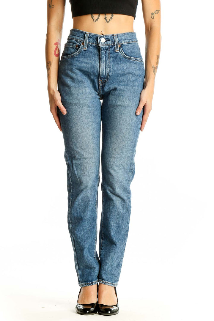 Front view of Levi's straight leg jeans in medium blue wash