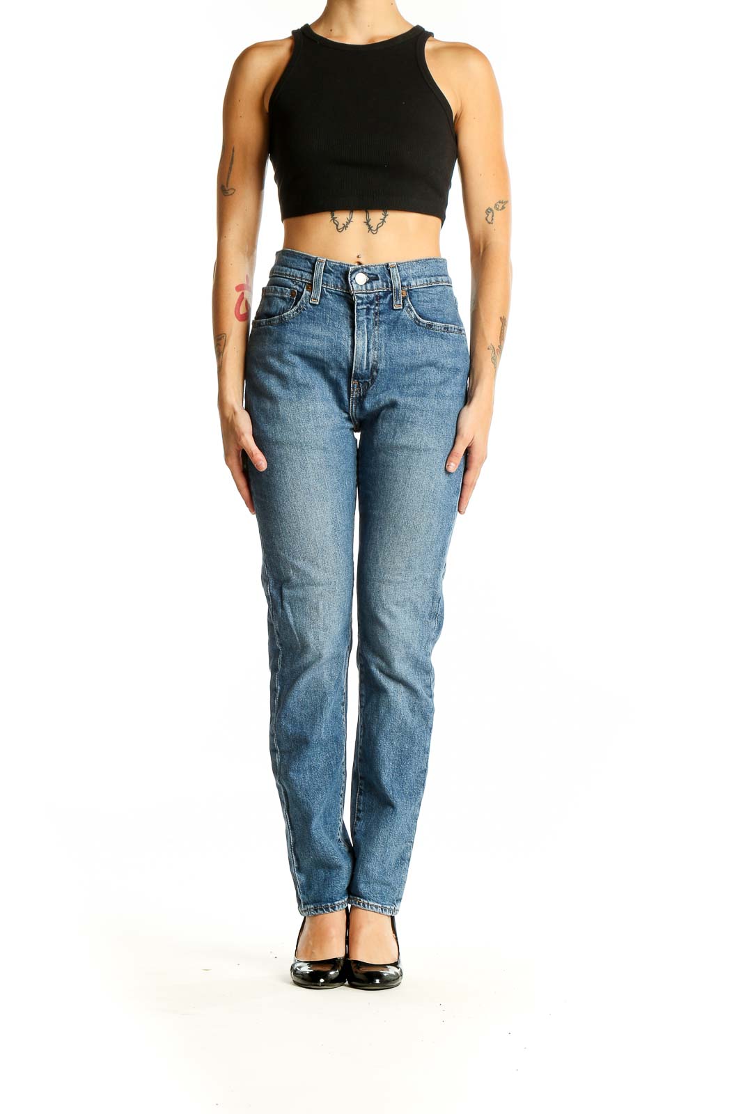 Front view of Levi's straight leg jeans in medium blue wash