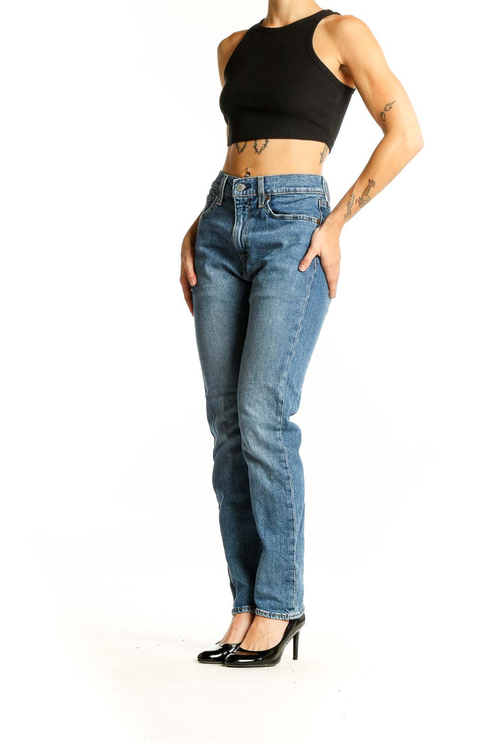 Front view of Levi's straight leg jeans in medium blue wash