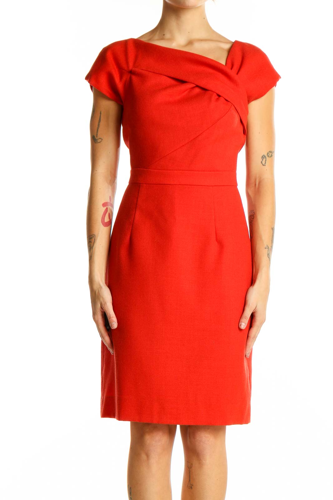 Front view of J.Crew red sheath dress with asymmetrical neckline