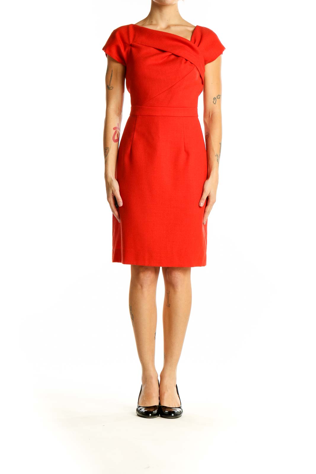 Front view of J.Crew red sheath dress with asymmetrical neckline