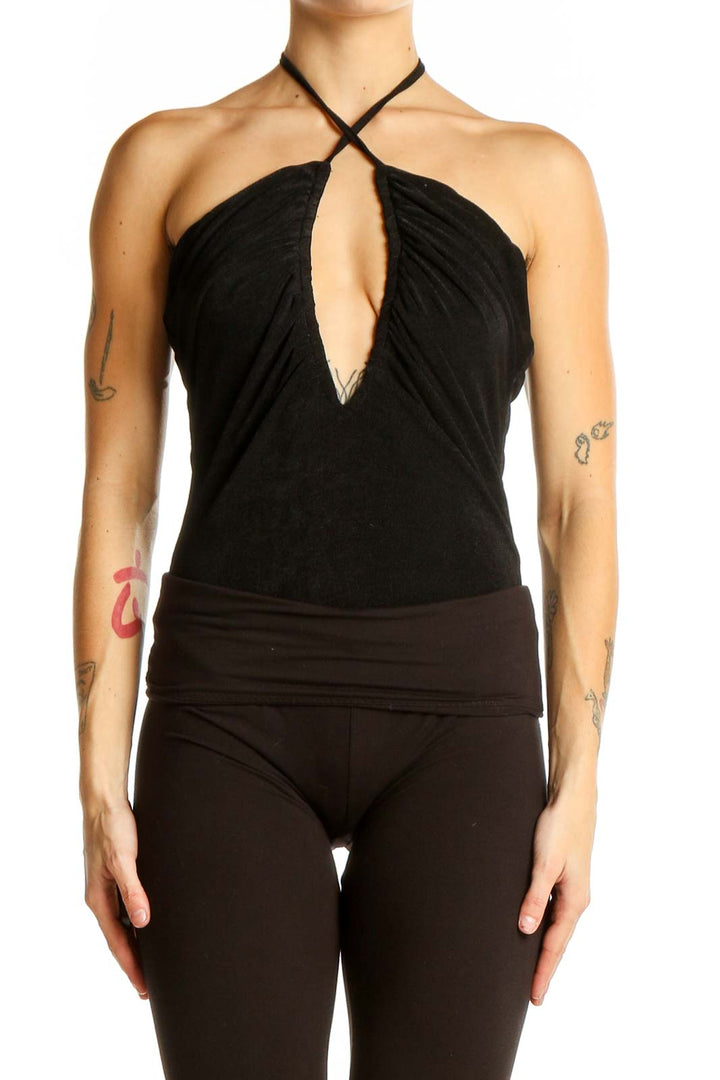 Front view of Lulu's black halter neck bodysuit with keyhole cutout