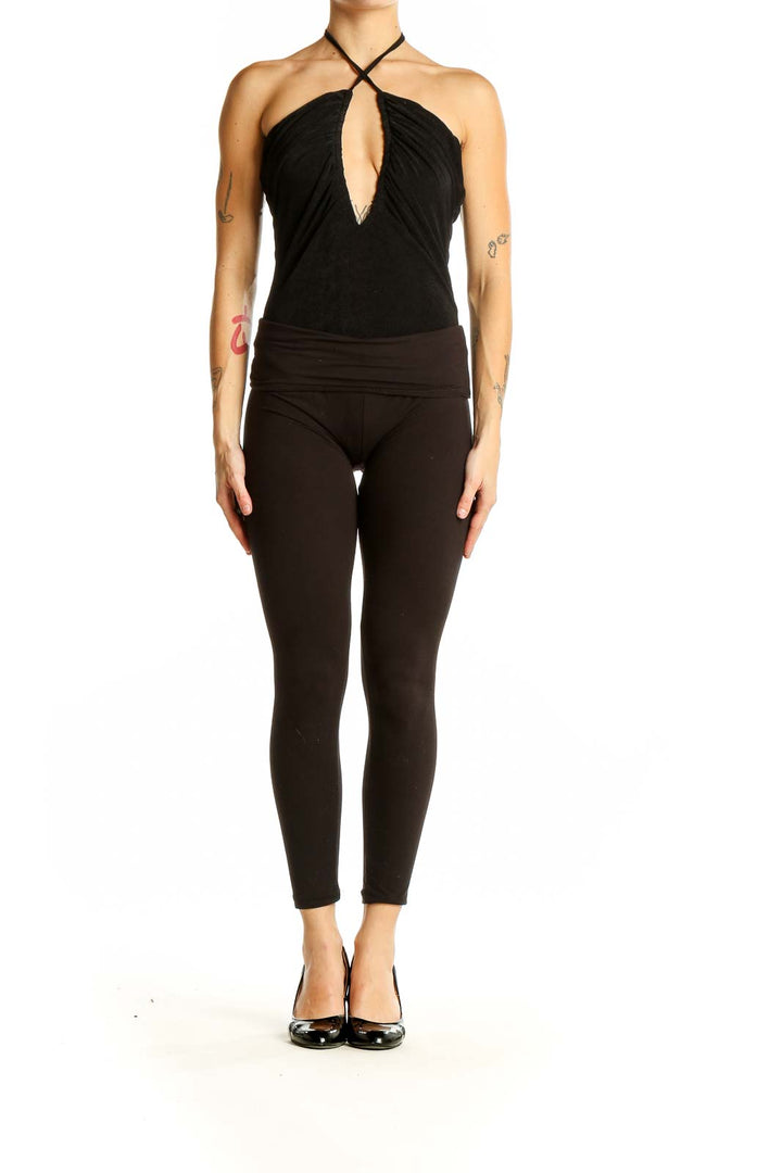 Front view of Lulu's black halter neck bodysuit with keyhole cutout