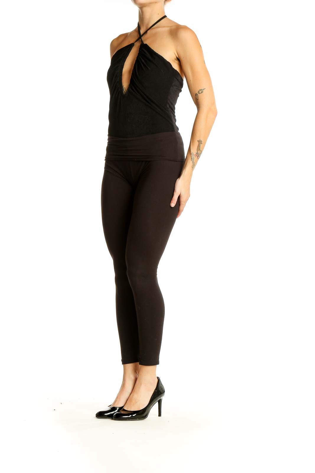 Front view of Lulu's black halter neck bodysuit with keyhole cutout