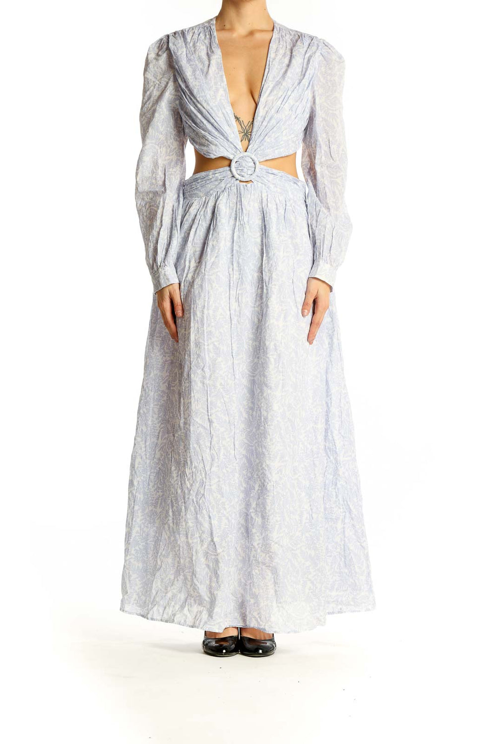 Front view of light blue floral cotton maxi dress with plunging neckline and cutout waist