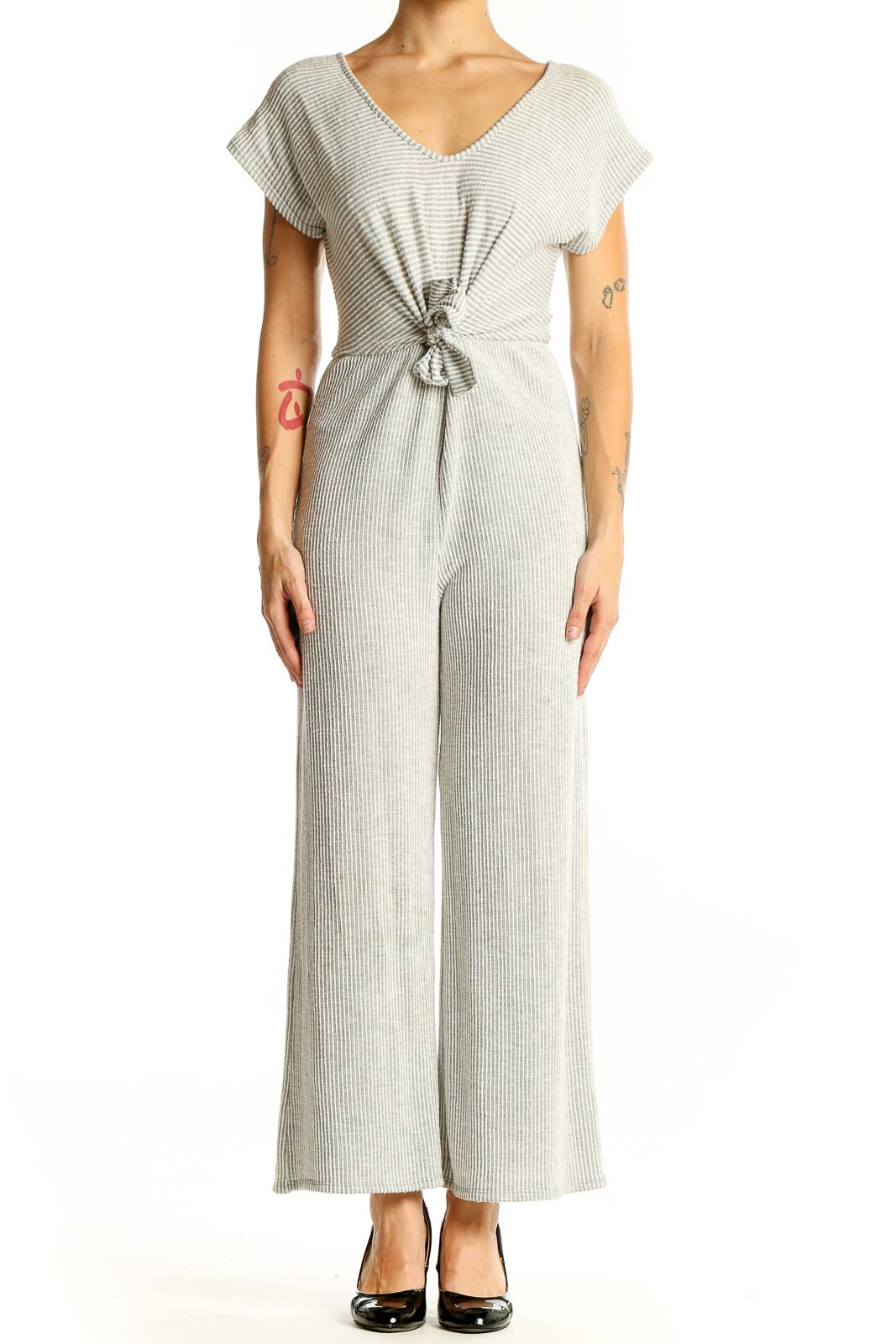 Front view of gray ribbed tie-front jumpsuit by Caution to the Wind