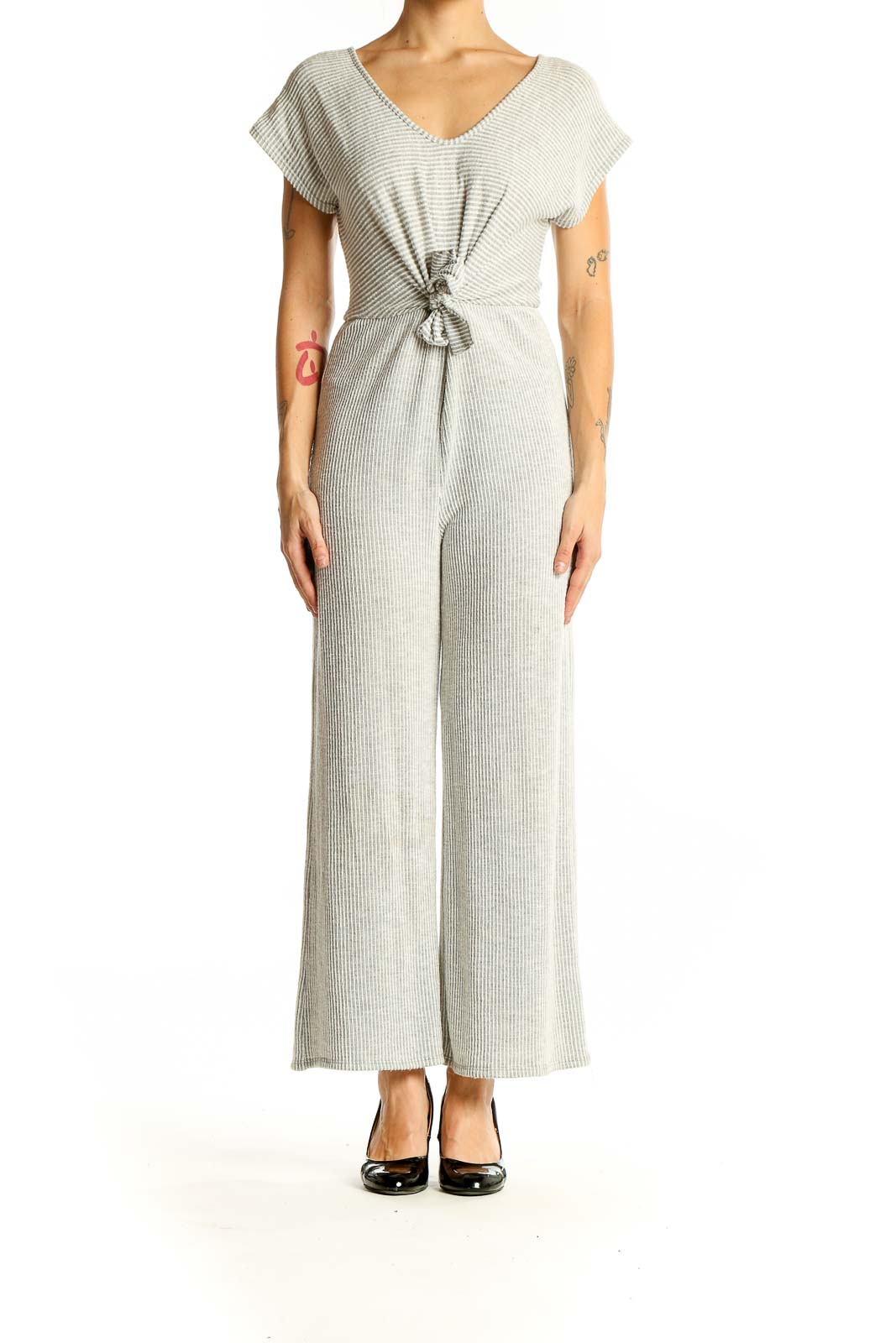 Front view of gray ribbed tie-front jumpsuit by Caution to the Wind