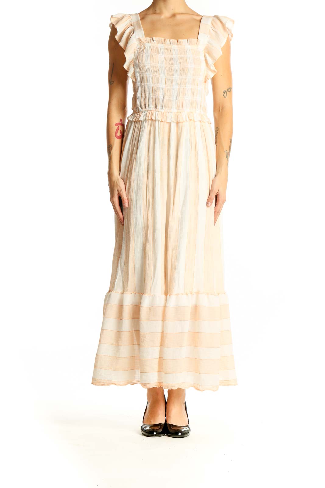 Front view of SilkRoll peach maxi dress with smocked bodice and ruffled sleeves