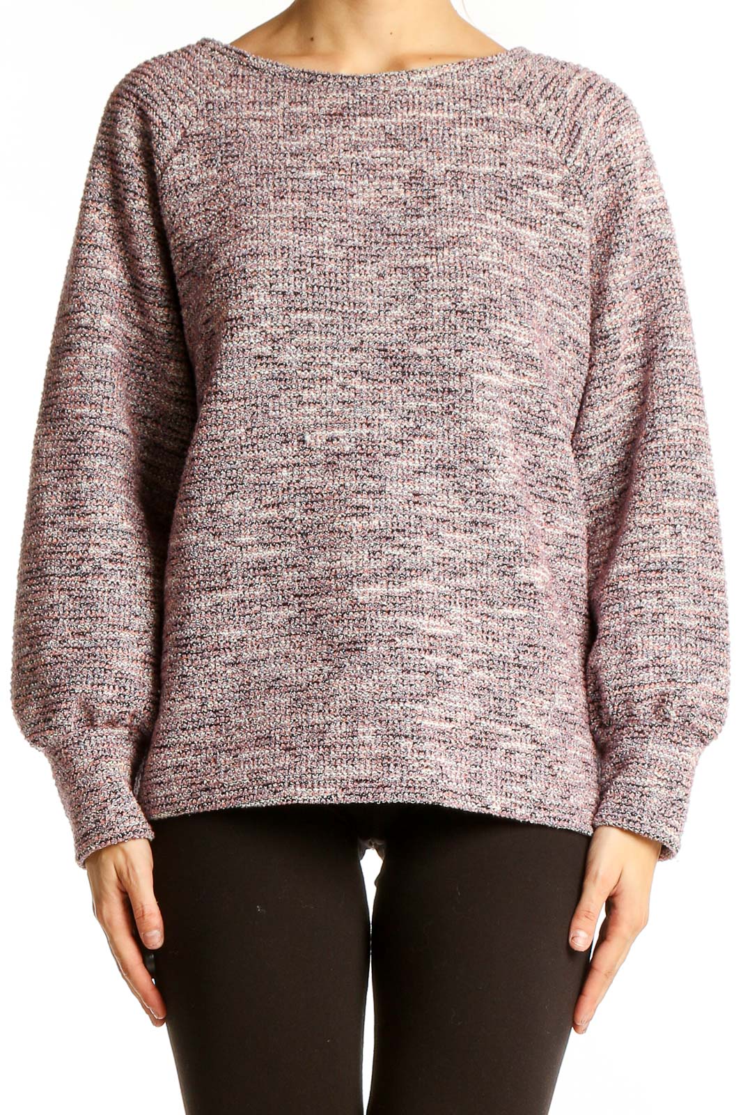 Front view of LOFT maroon heathered knit sweater with crew neck and raglan sleeves