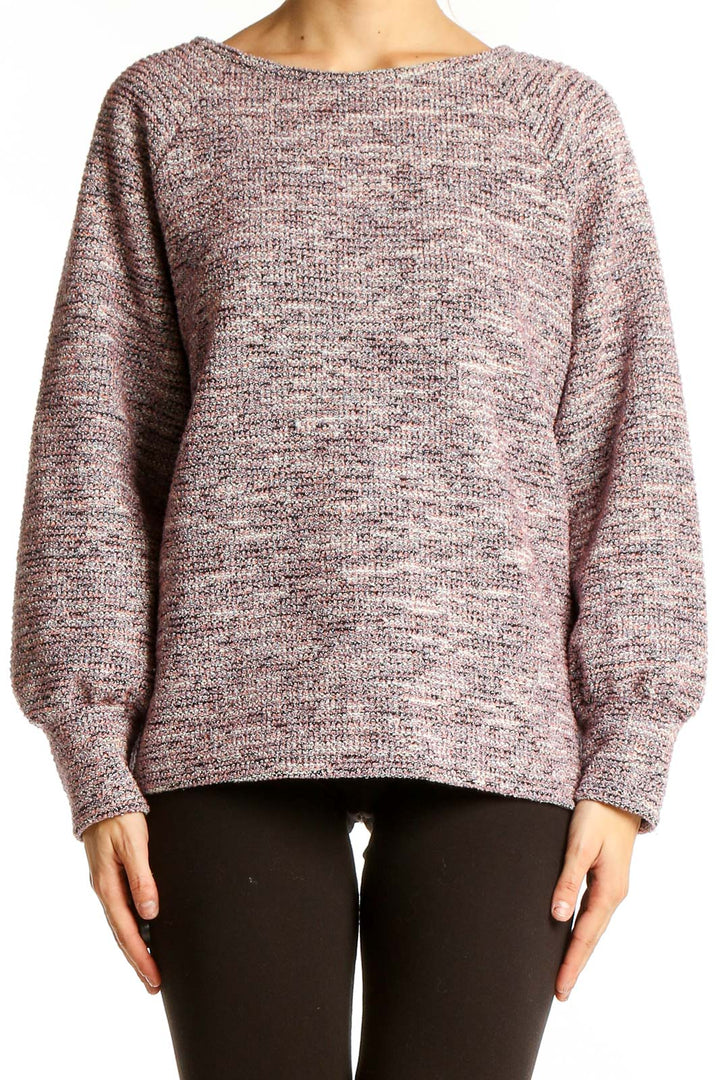 Front view of LOFT maroon heathered knit sweater with crew neck and raglan sleeves