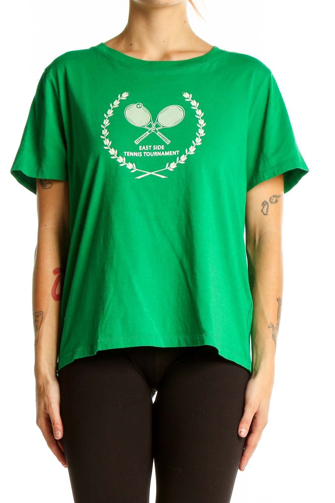 Front view of green J.Crew t-shirt with East Side Tennis Tournament graphic