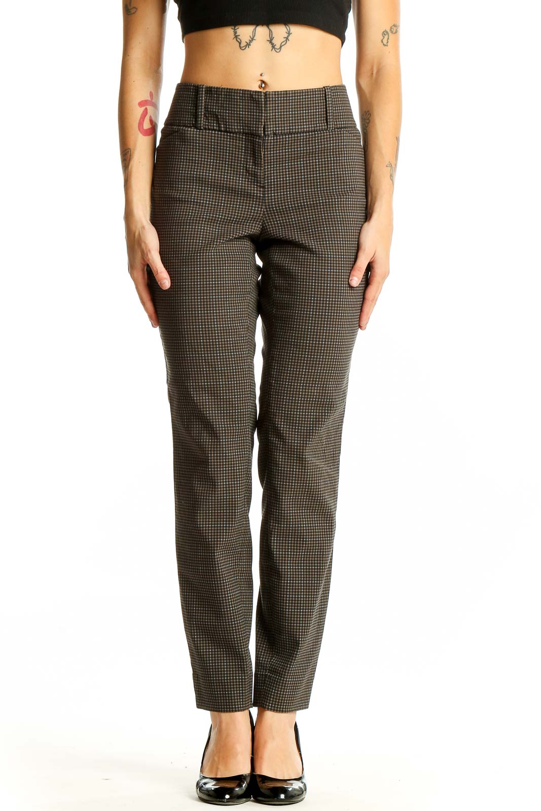 Front view of The Limited brown houndstooth check slim fit trousers