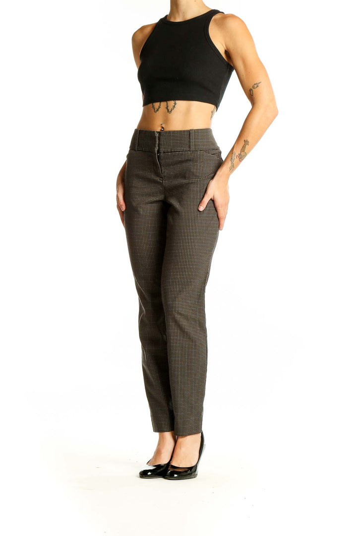 Front view of The Limited brown houndstooth check slim fit trousers