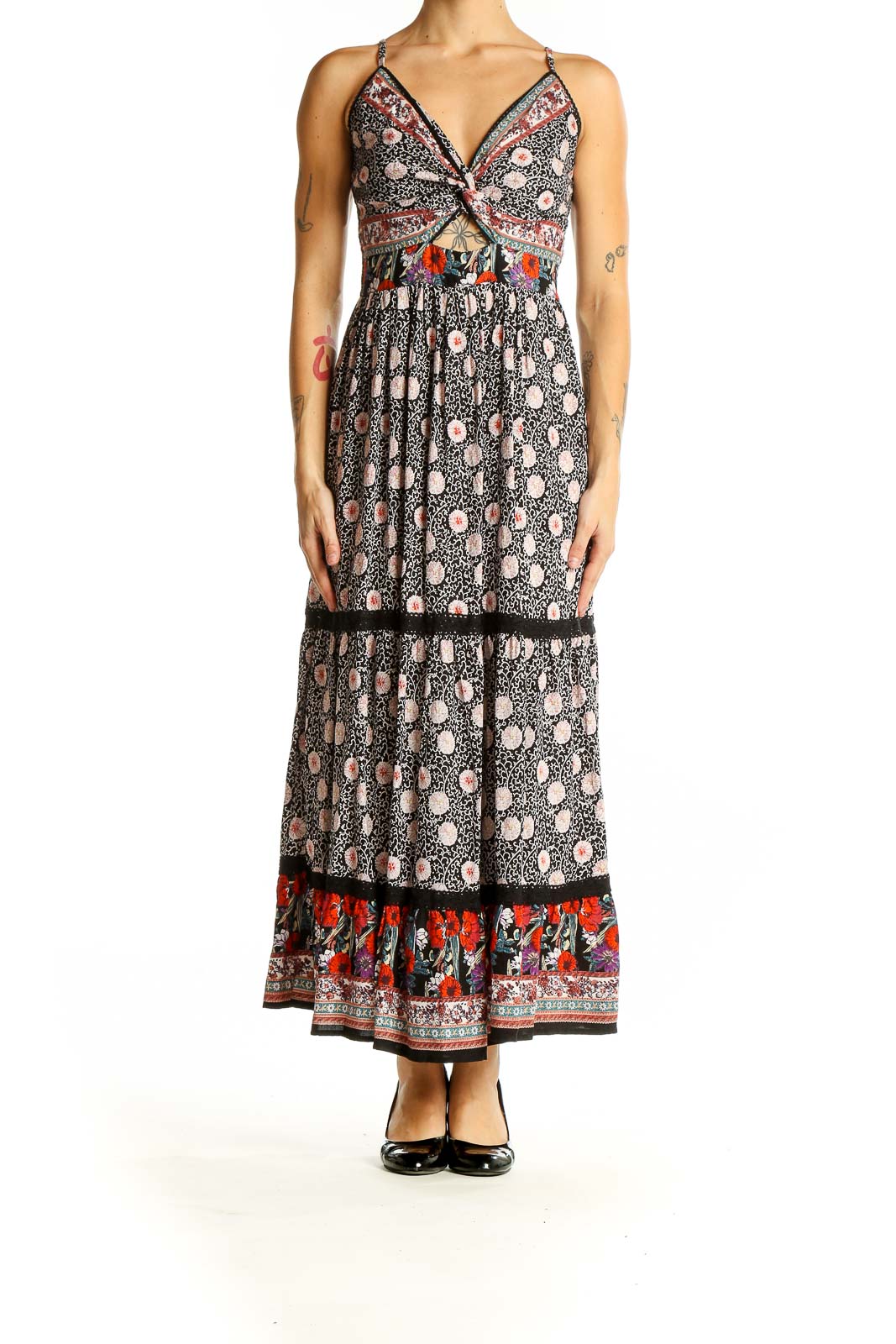 Front view of SilkRoll black floral print maxi dress with twist-front bodice