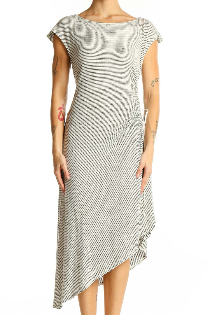 Front view of Max Studio gray striped asymmetrical midi dress with ruched detail