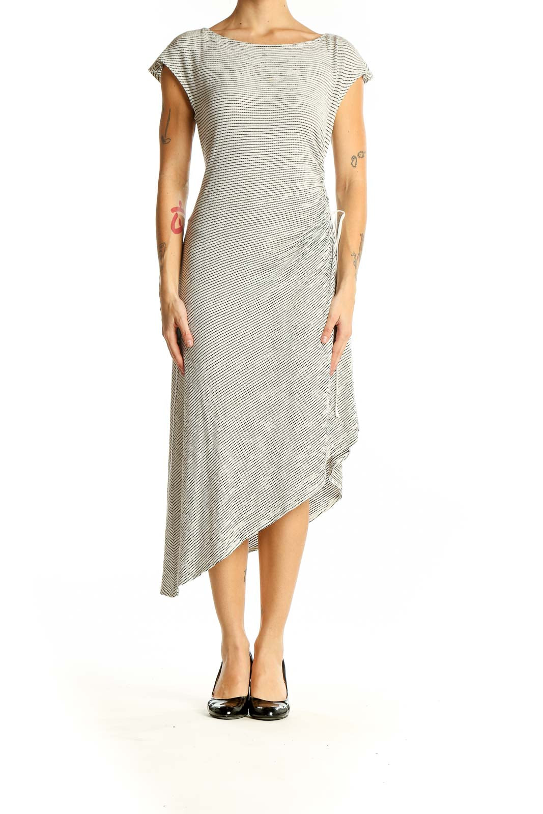 Front view of Max Studio gray striped asymmetrical midi dress with ruched detail