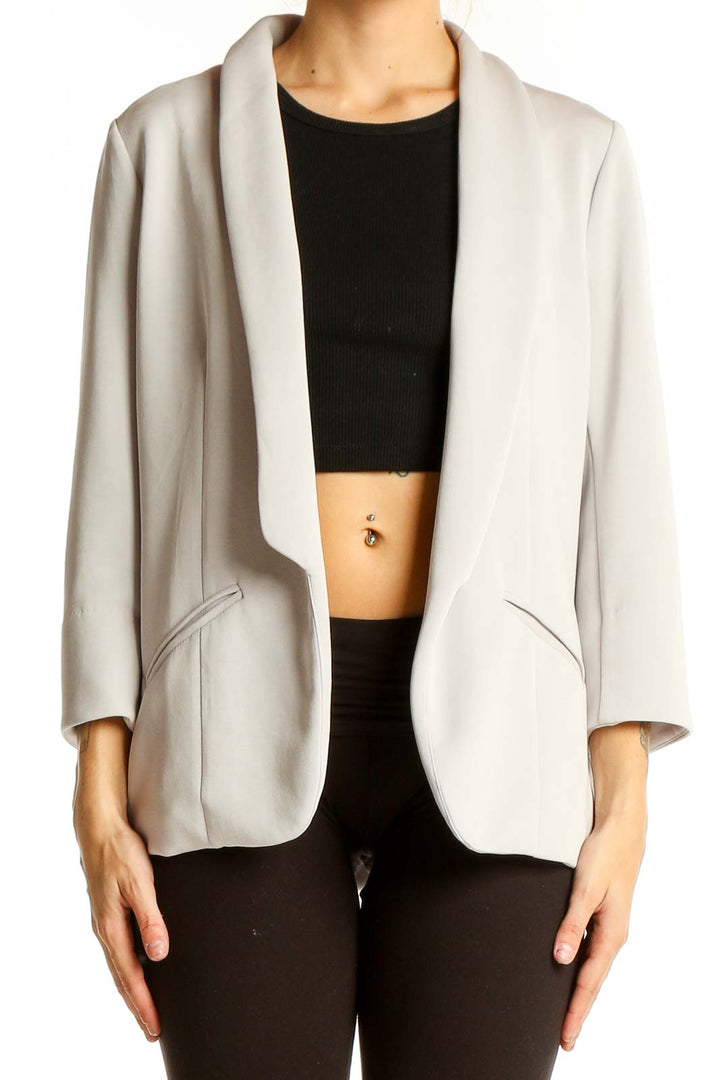 Front view of Skies Are Blue light gray open-front blazer with 3/4 sleeves