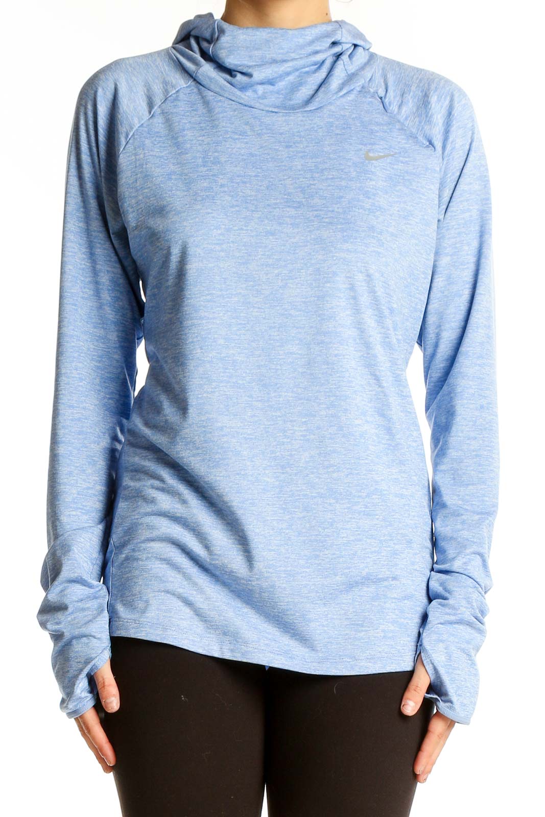 Front view of Light Blue Nike Performance Hoodie with cowl neck