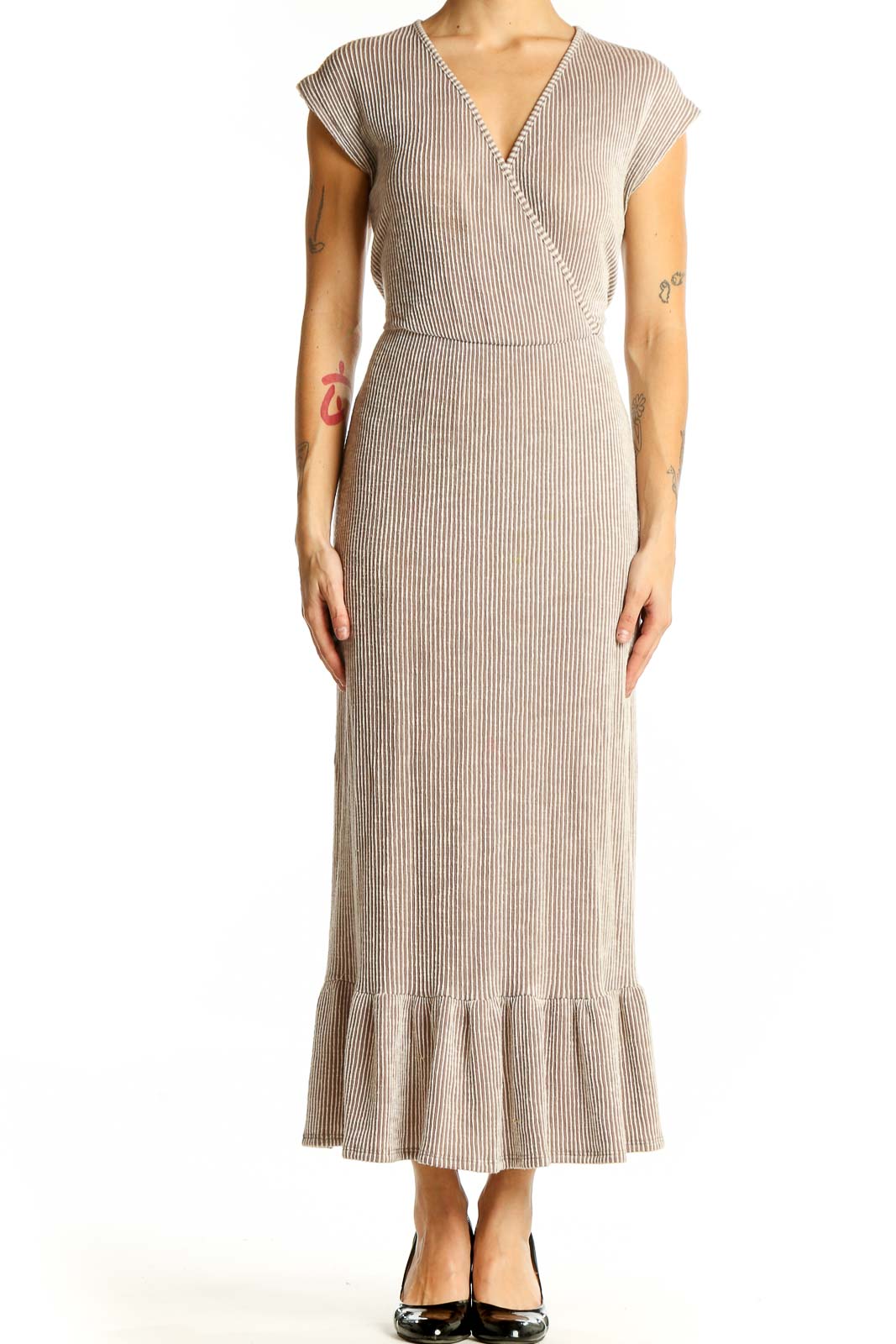 Front view of beige ribbed wrap maxi dress with V-neck and ruffle hem