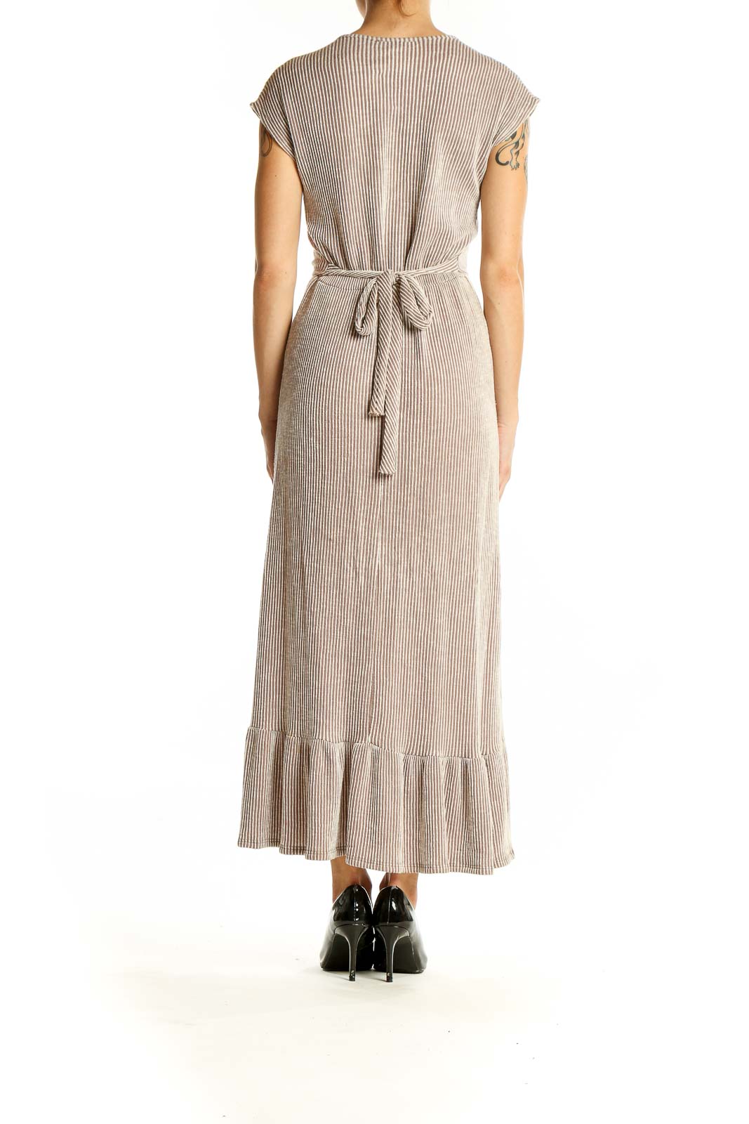 Side view of beige ribbed wrap maxi dress showing cap sleeves and full length