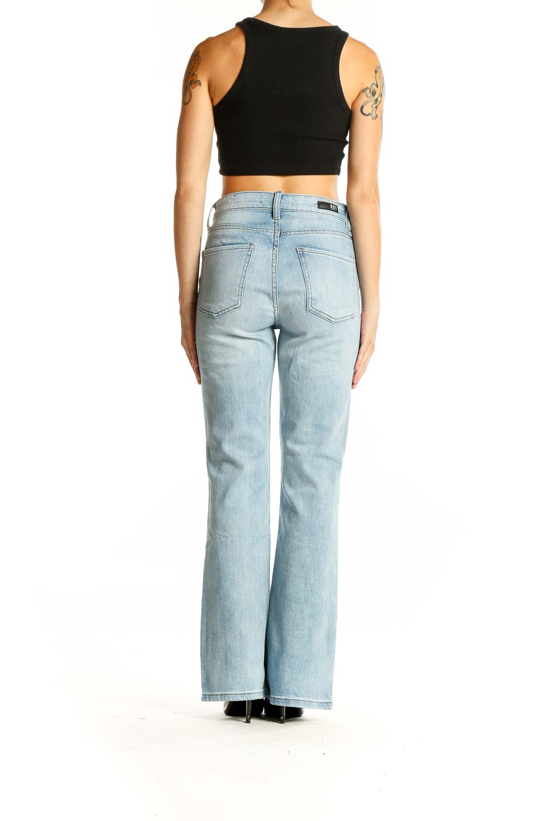 Back view of KUT from the Kloth light blue straight leg jeans with split-hem