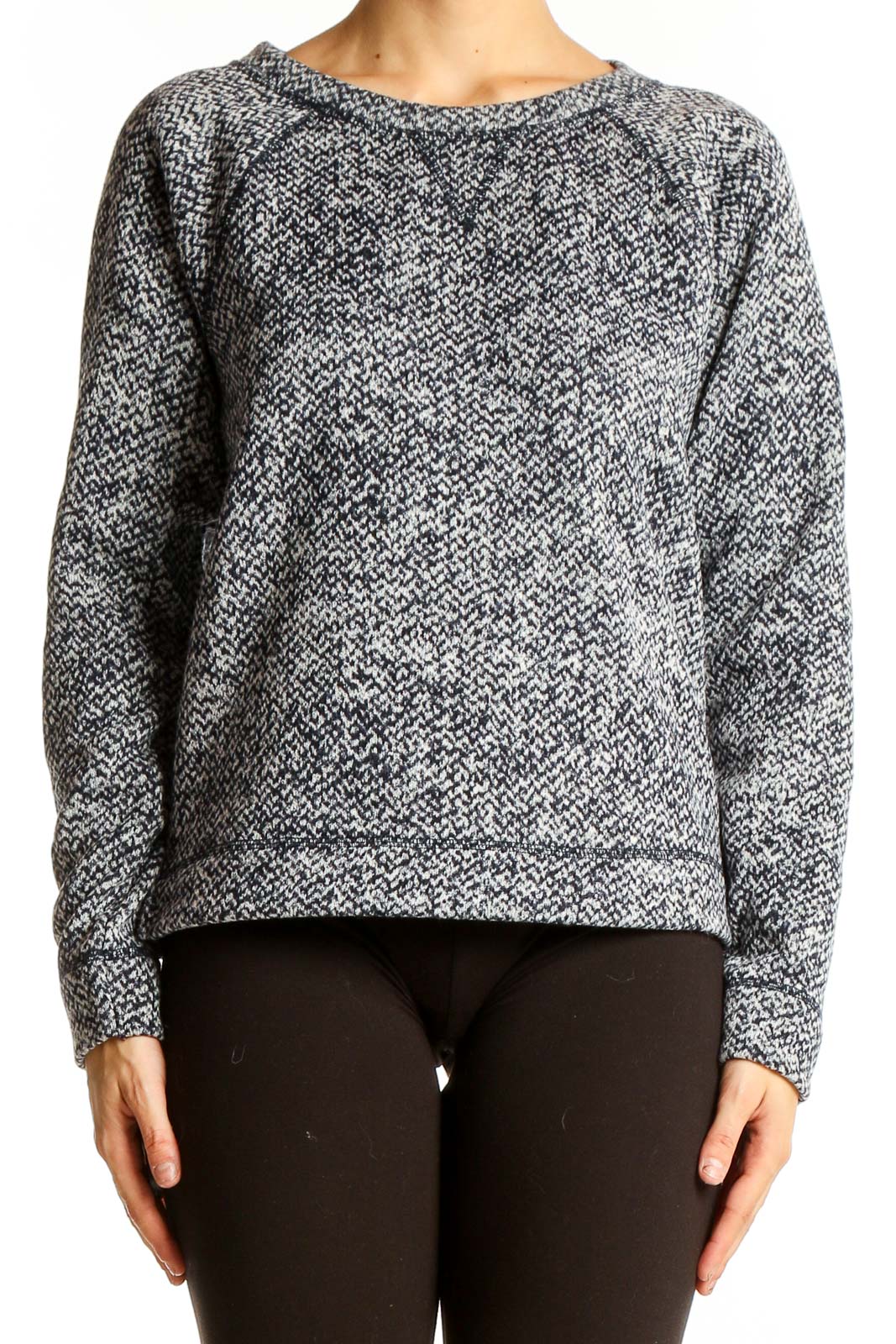 Front view of gray marled knit sweater from The Limited