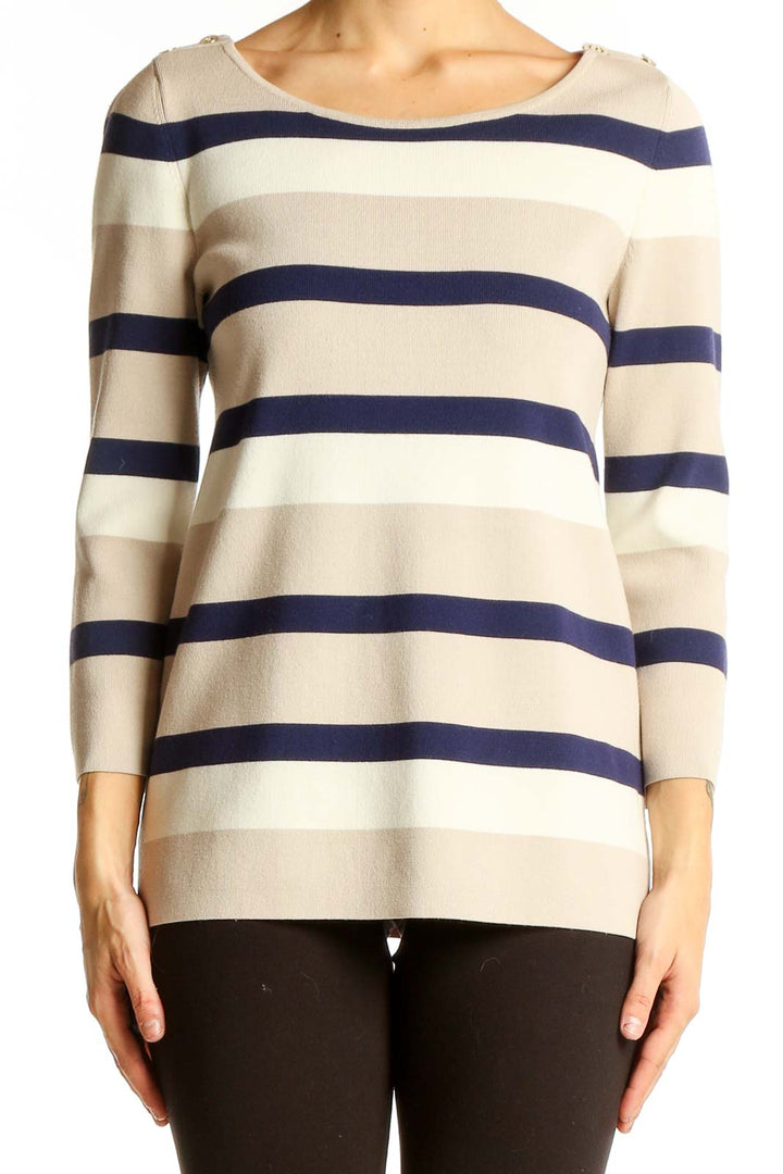 Front view of Banana Republic beige striped long sleeve knit top