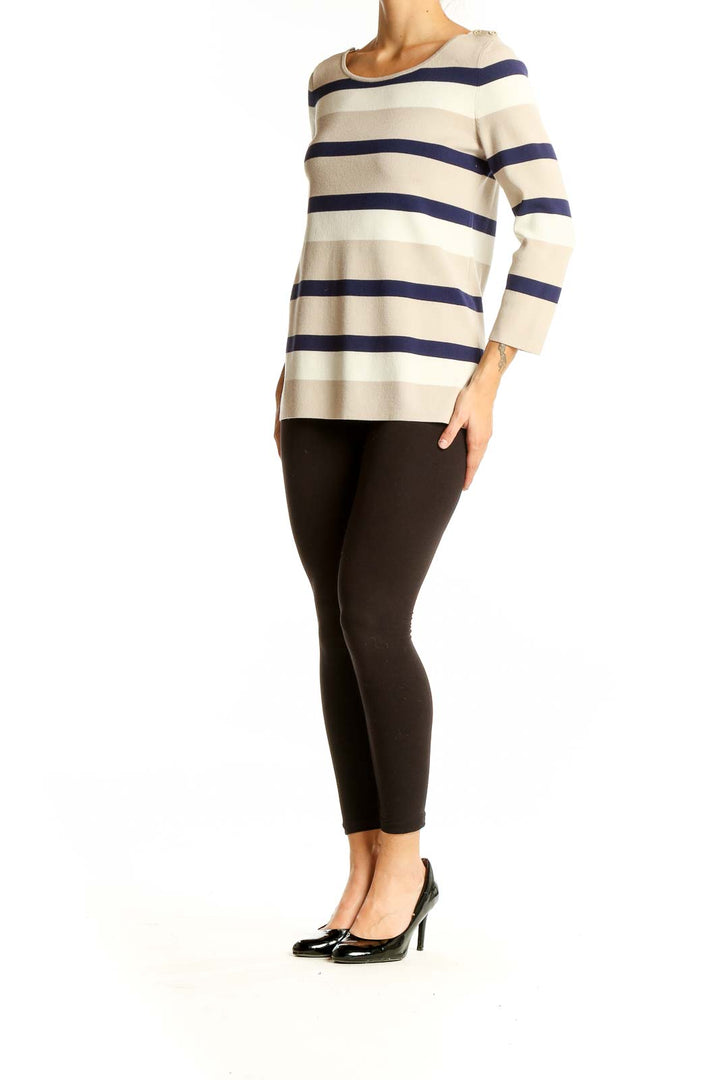 Front view of Banana Republic beige striped long sleeve knit top