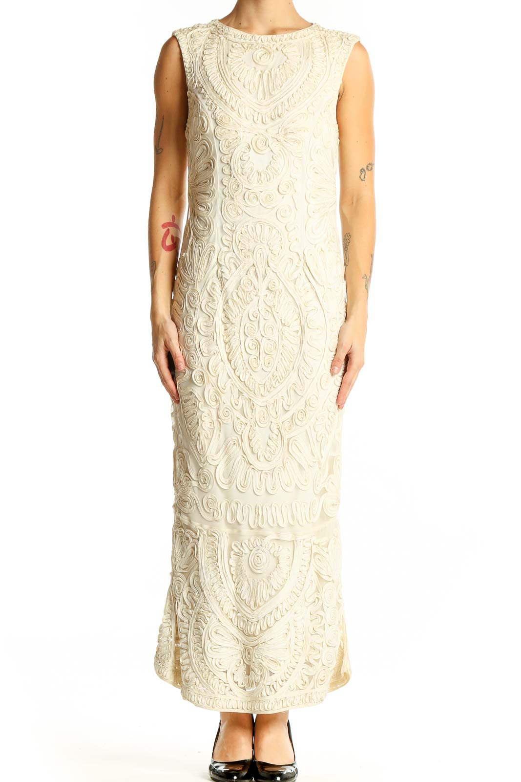 Front view of JS Collections ivory embroidered lace maxi dress with mermaid silhouette