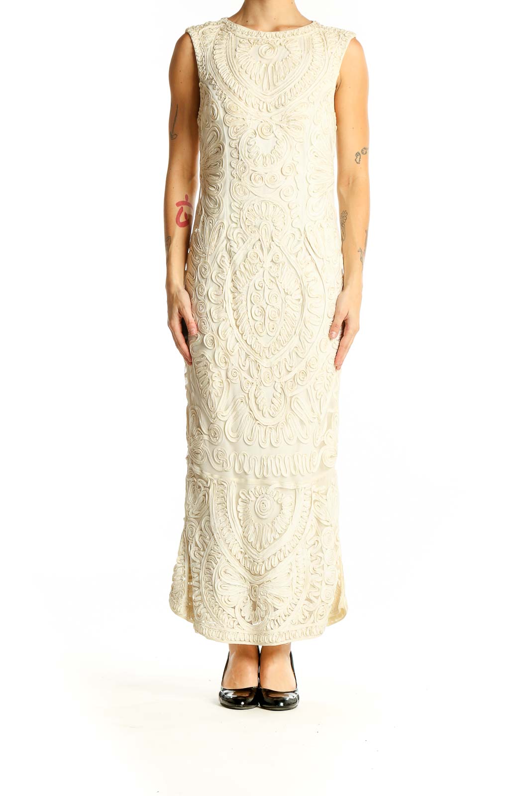 Front view of JS Collections ivory embroidered lace maxi dress with mermaid silhouette