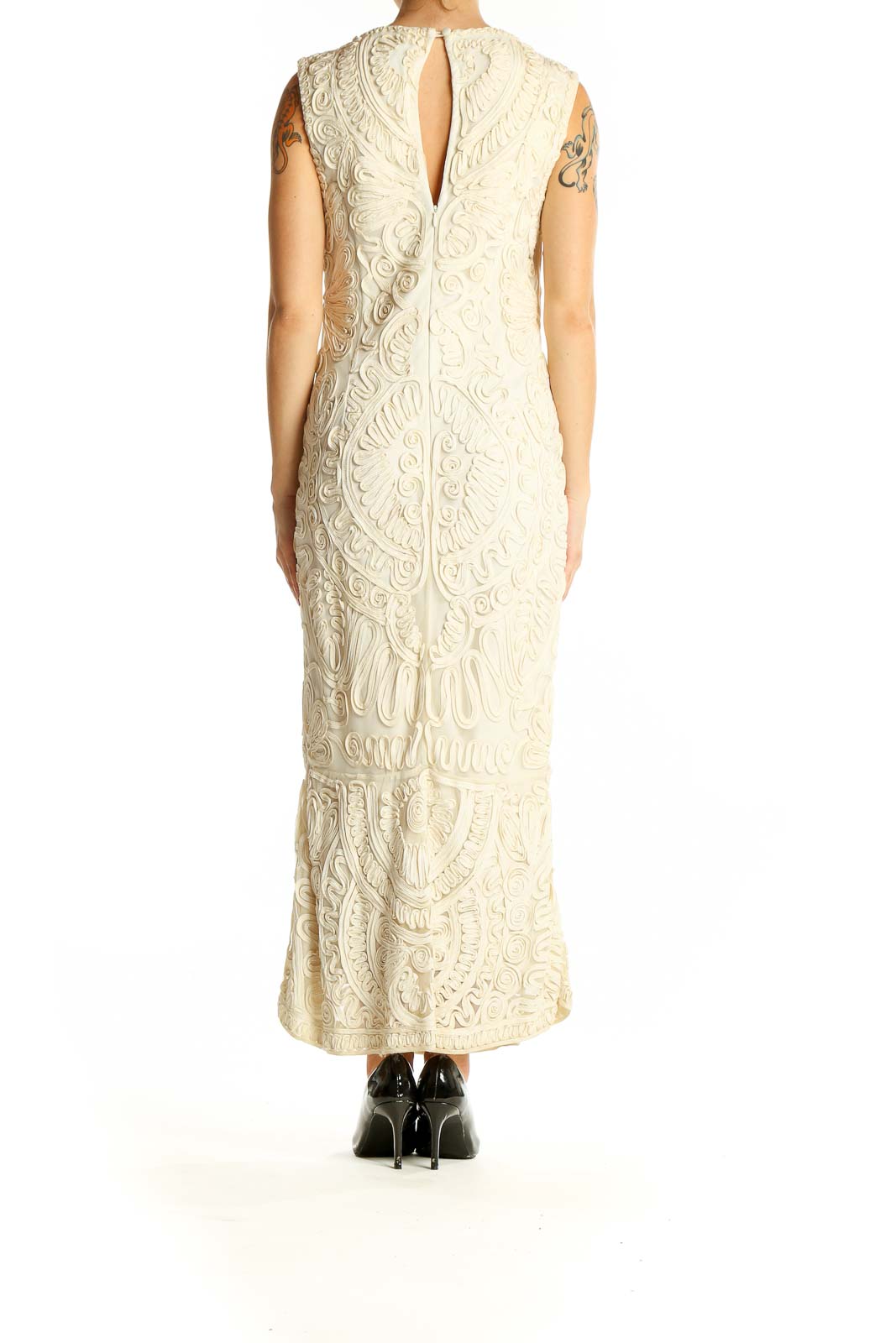 Side view of JS Collections ivory embroidered lace maxi dress showing intricate lace pattern