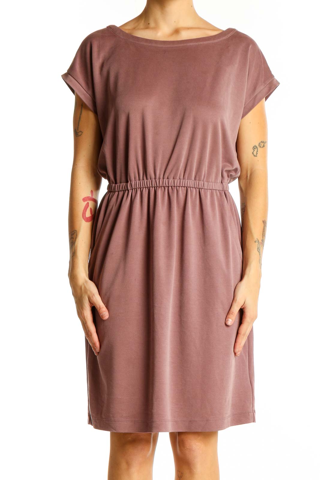 Front view of Nicole Miller mauve casual dress with boat neckline