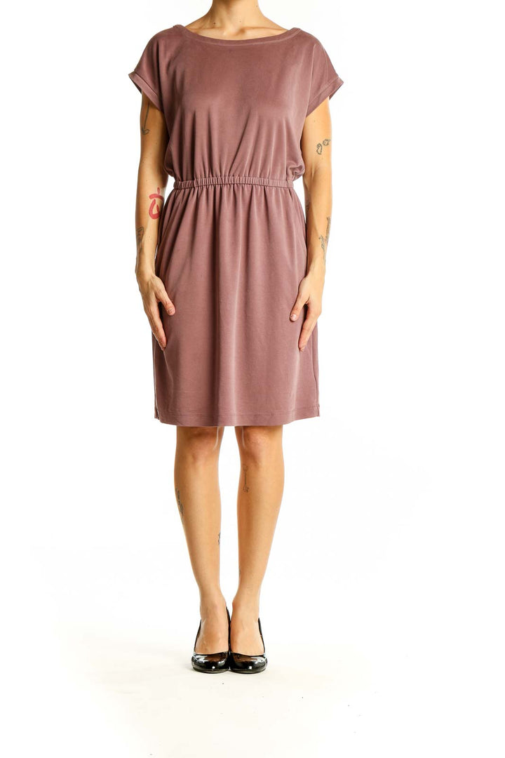 Front view of Nicole Miller mauve casual dress with boat neckline