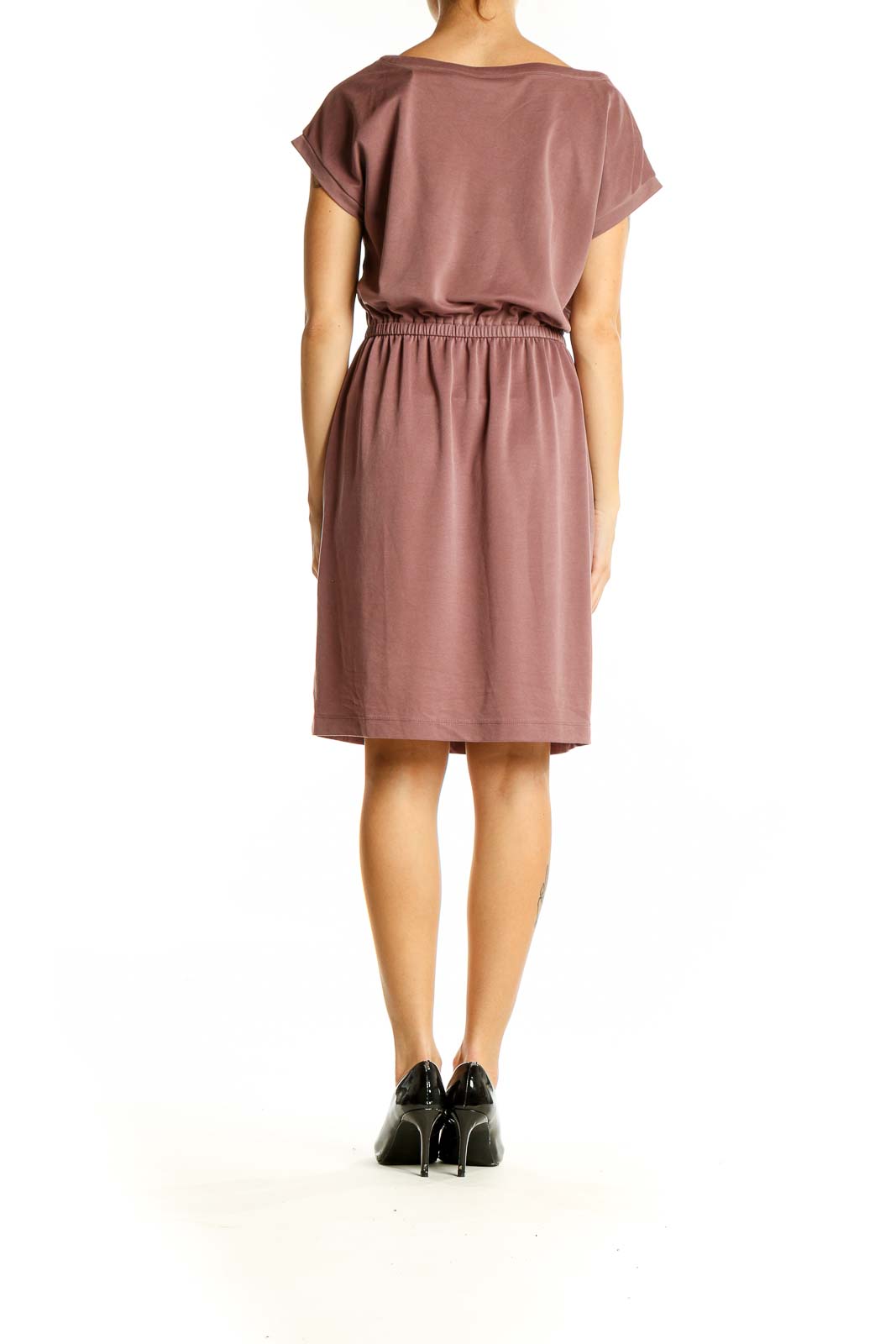 Side view of Nicole Miller mauve casual dress showing elastic waistband