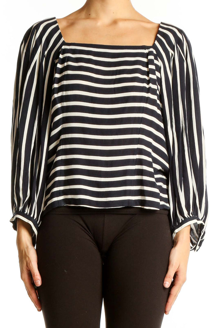 Front view of Banana Republic Black and White Striped Balloon Sleeve Top with square neckline