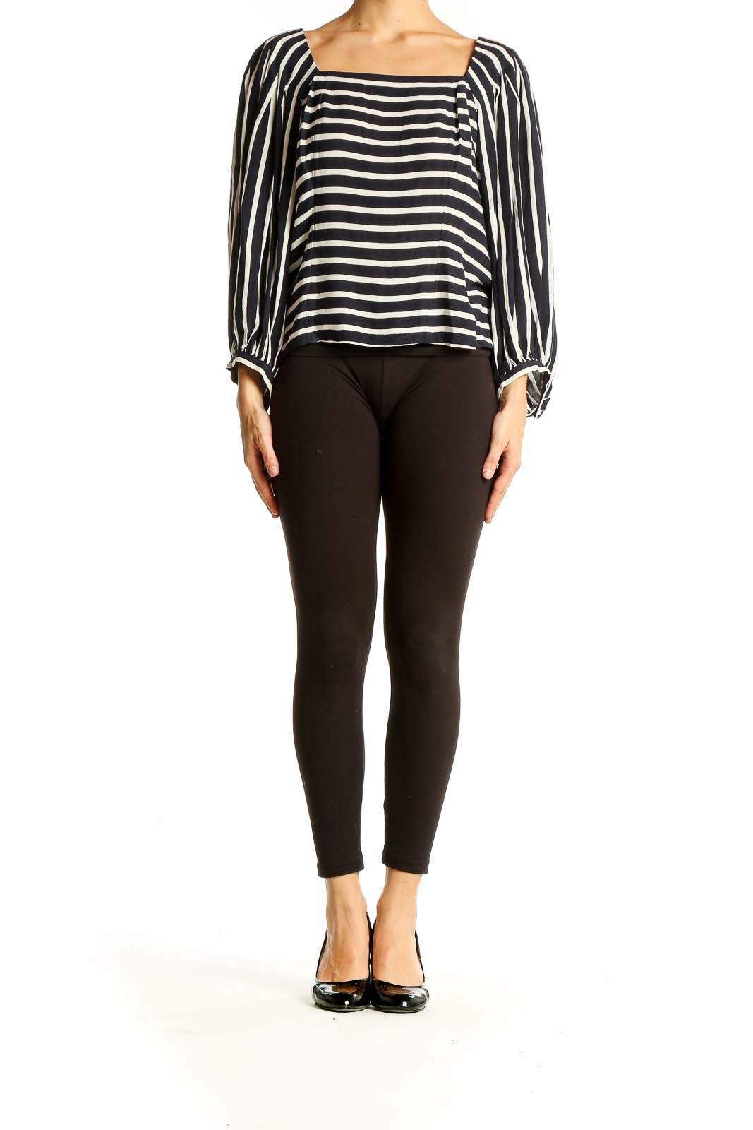 Front view of Banana Republic Black and White Striped Balloon Sleeve Top with square neckline