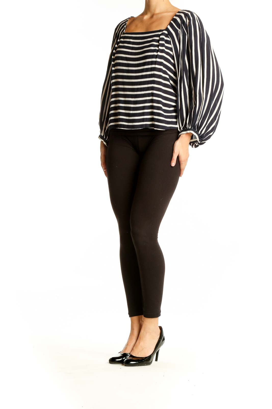 Front view of Banana Republic Black and White Striped Balloon Sleeve Top with square neckline