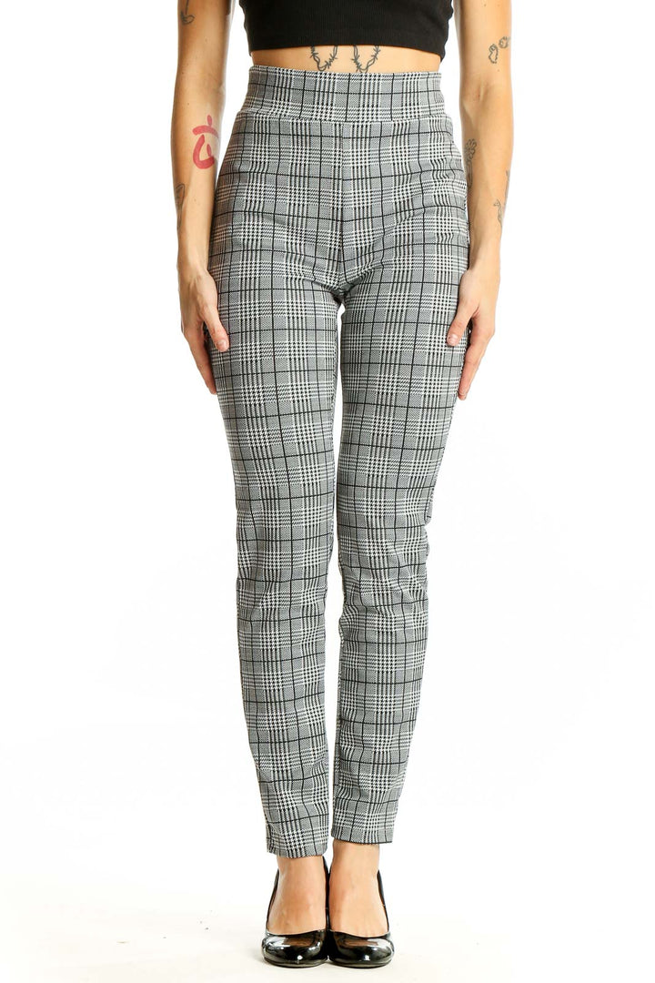 Front view of SilkRoll gray plaid high-waisted slim pants with glen check pattern